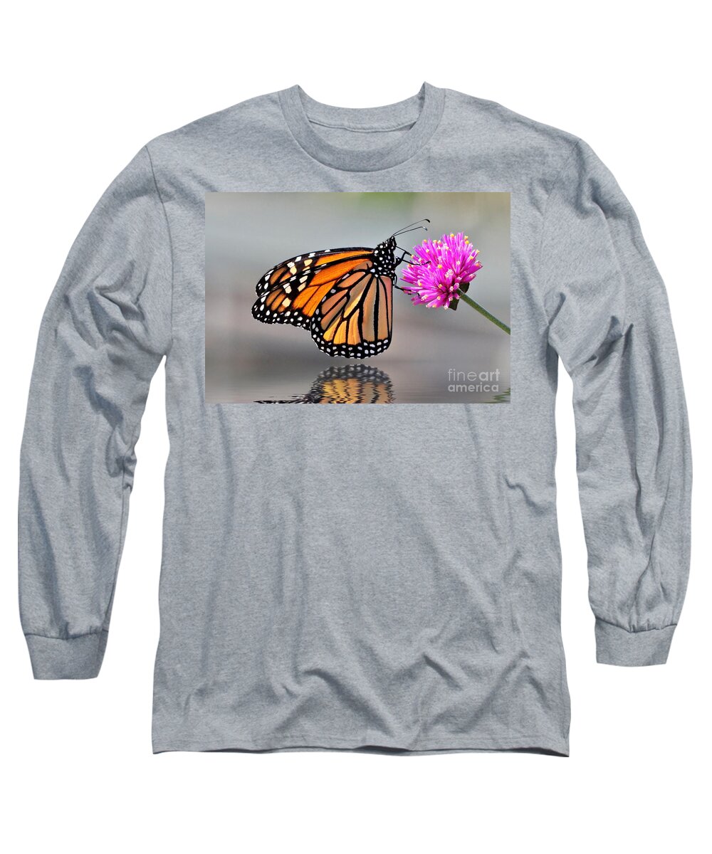 Butterflies Long Sleeve T-Shirt featuring the photograph Monarch On A Pink Flower by Kathy Baccari