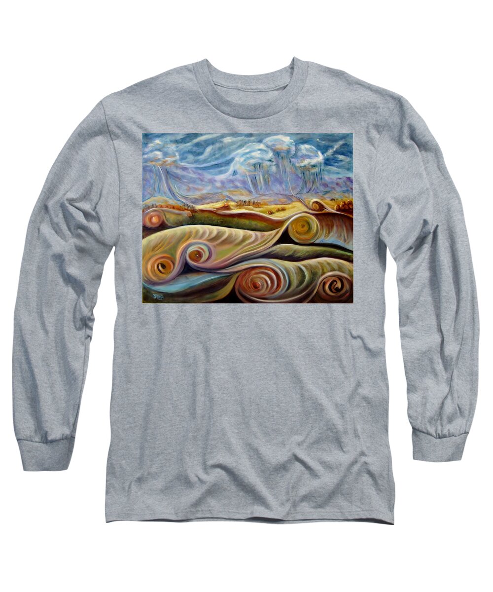 Curvismo Long Sleeve T-Shirt featuring the painting Montana Hay field by Sherry Strong