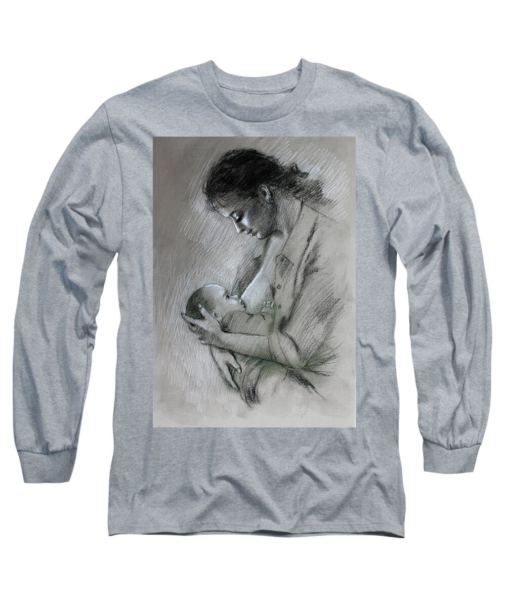 Mother Long Sleeve T-Shirt featuring the drawing Mother and Baby by Viola El