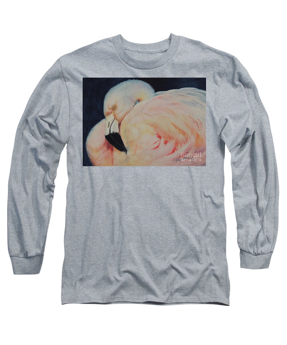 Watercolor Long Sleeve T-Shirt featuring the painting My Pink Flamingo...SOLD by Sandy Brindle