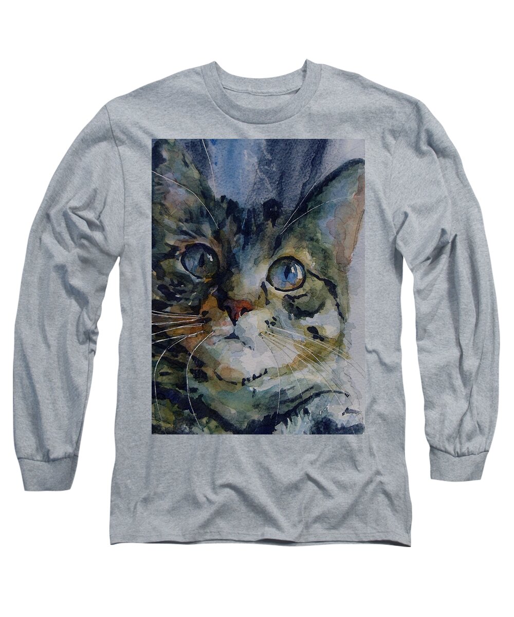 Tabby Long Sleeve T-Shirt featuring the painting Mystery Tabby by Paul Lovering