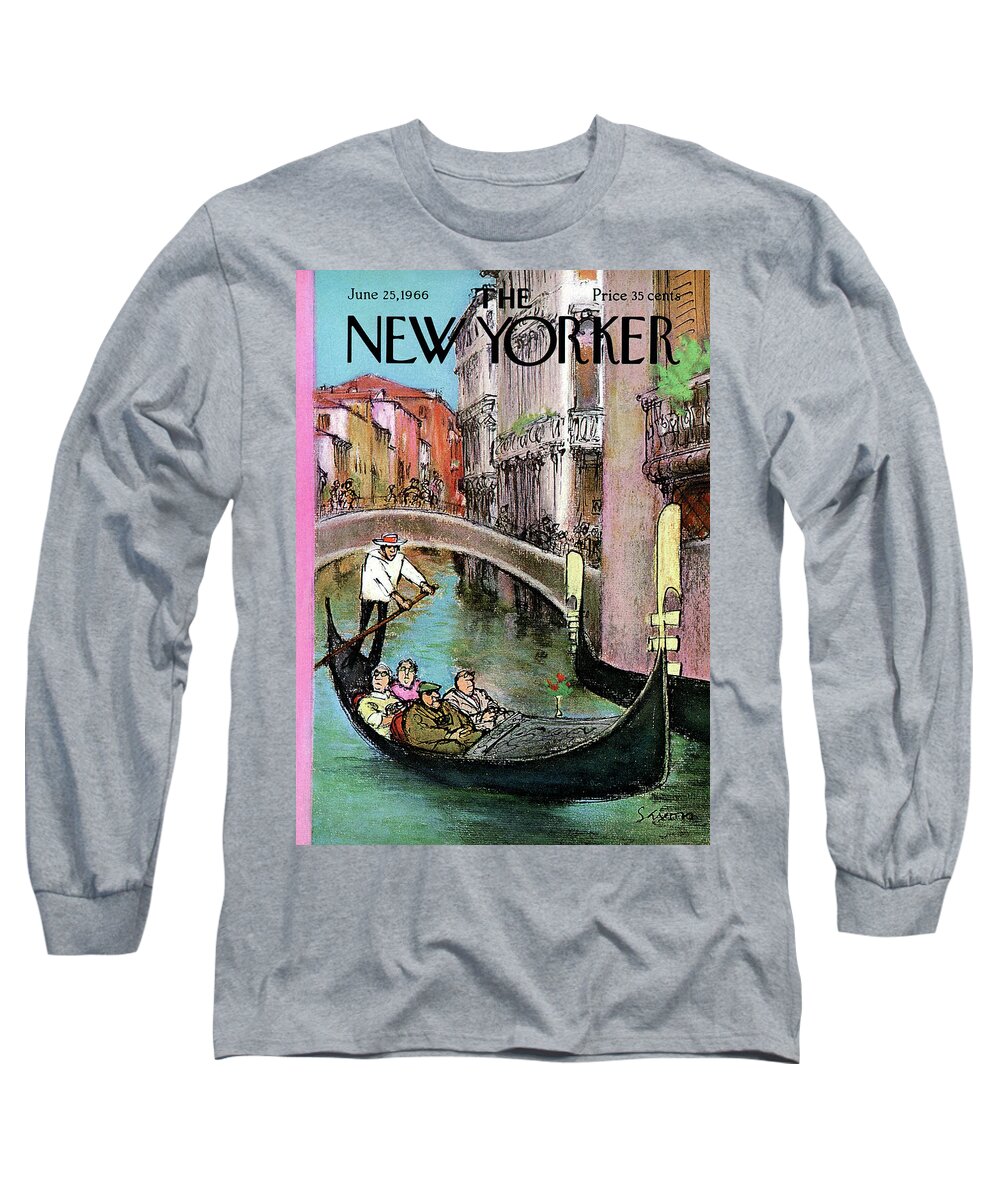 (couples Enjoy A Romantic Gondola Cruise Down A Scenic Venice Waterway.) International Italy Leisure Relaxation Vacation Travel Boat Love Tourist Charles Saxon Charles Saxon Csa Artkey 46188 Long Sleeve T-Shirt featuring the painting New Yorker June 25th, 1966 by Charles Saxon