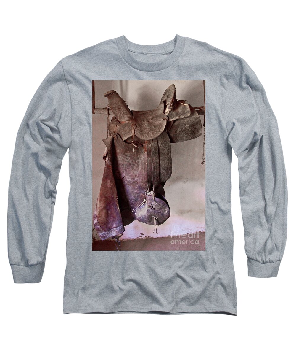 Western Long Sleeve T-Shirt featuring the photograph Old Saddle by Kathy McClure