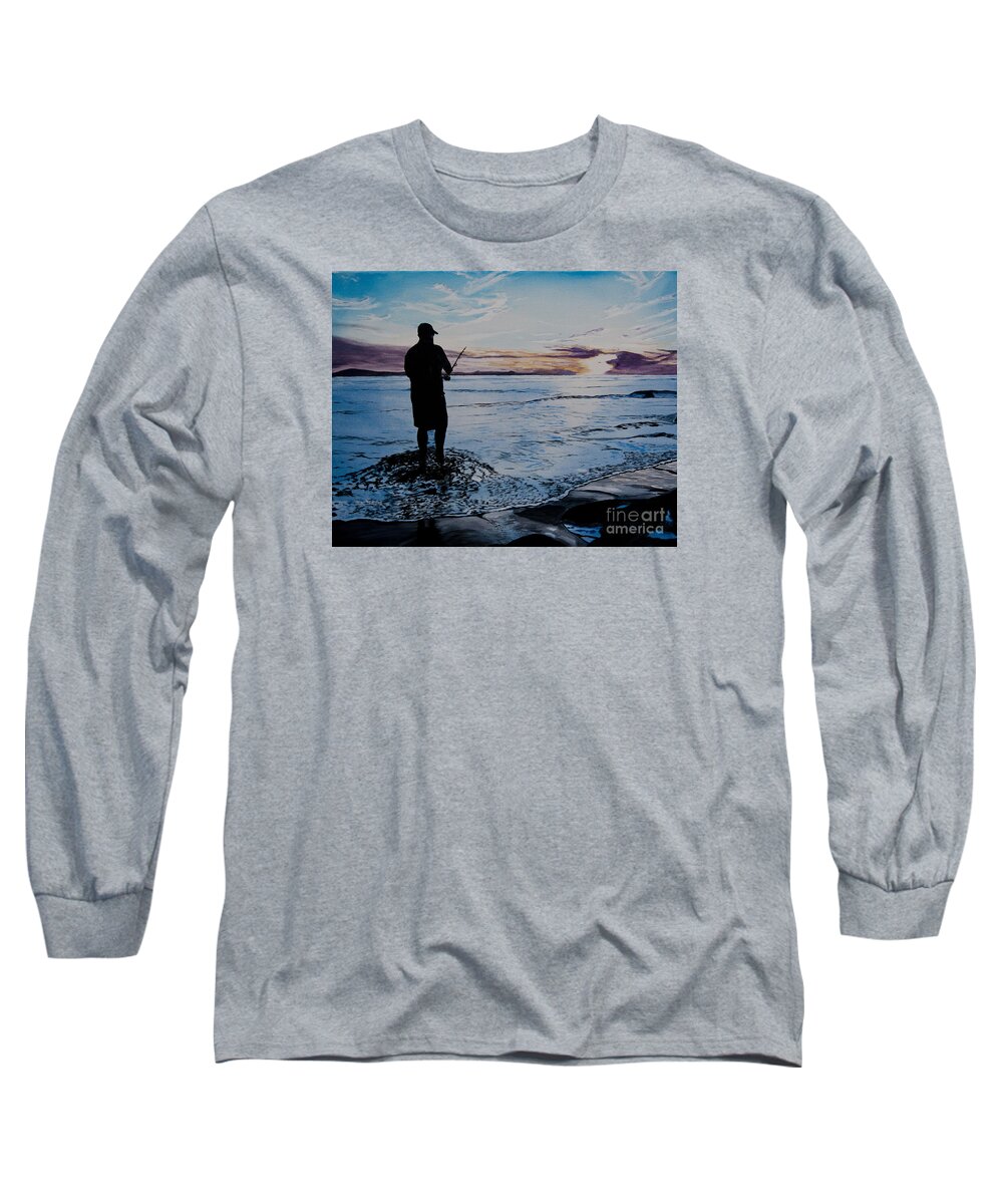 California Long Sleeve T-Shirt featuring the painting On the Beach Fishing at Sunset by Ian Donley