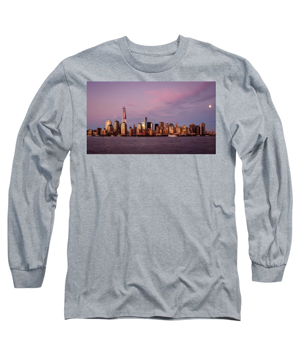 1wtc Long Sleeve T-Shirt featuring the photograph One WTC Lower Manhattan and the Harvest Moon by SAURAVphoto Online Store
