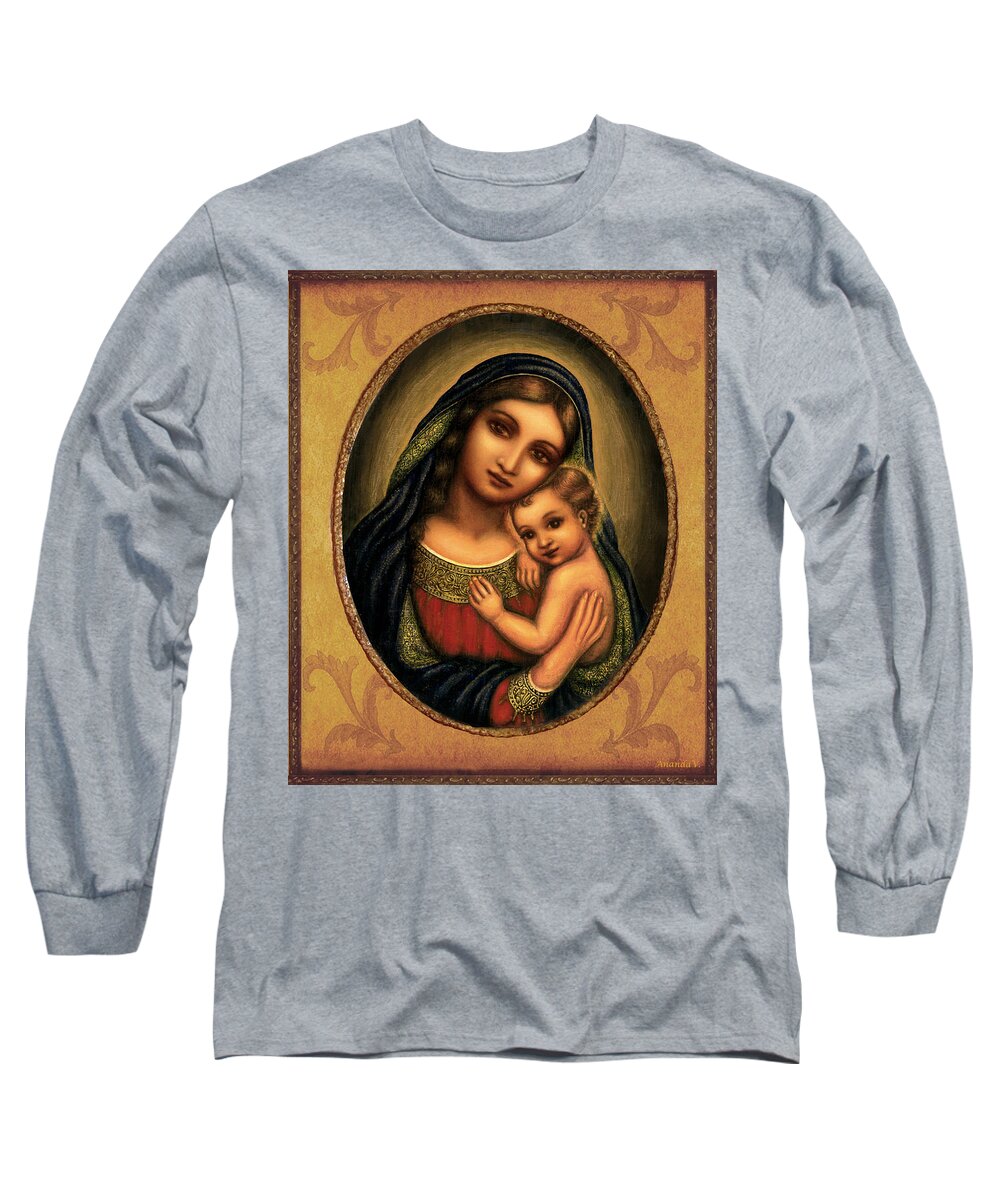Madonna With The Child Painting Long Sleeve T-Shirt featuring the mixed media Oval Madonna by Ananda Vdovic