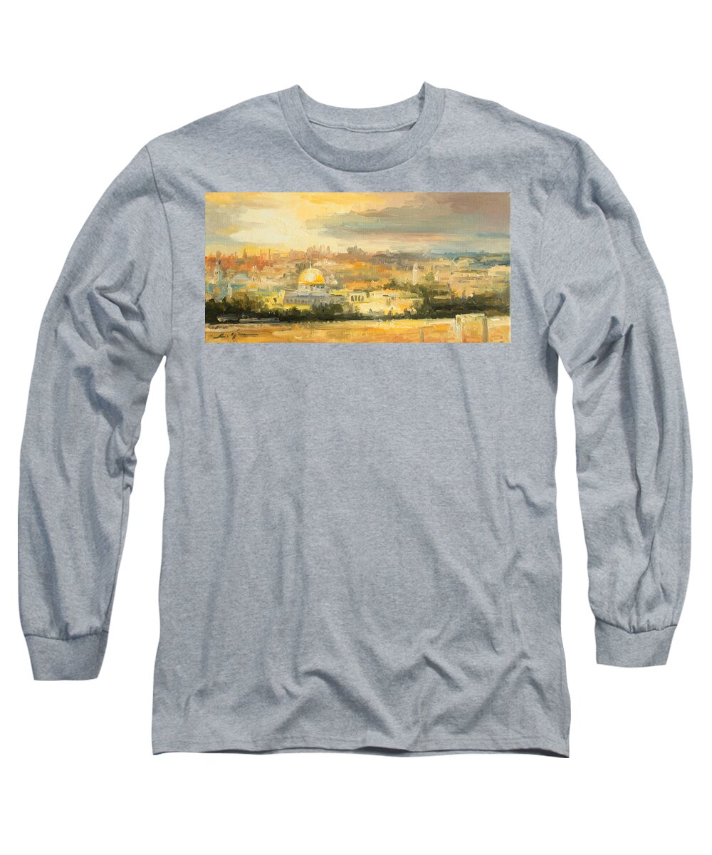 Jerusalem Long Sleeve T-Shirt featuring the painting Panorama of Jerusalem by Luke Karcz