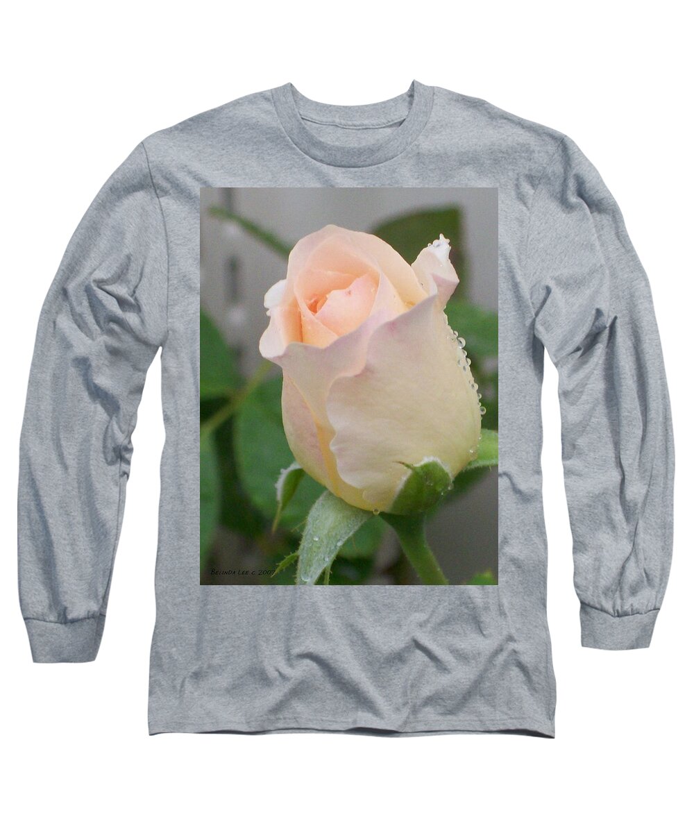 Beautiful #peach #rose #bud Long Sleeve T-Shirt featuring the photograph Fragile Peach Rose Bud by Belinda Lee