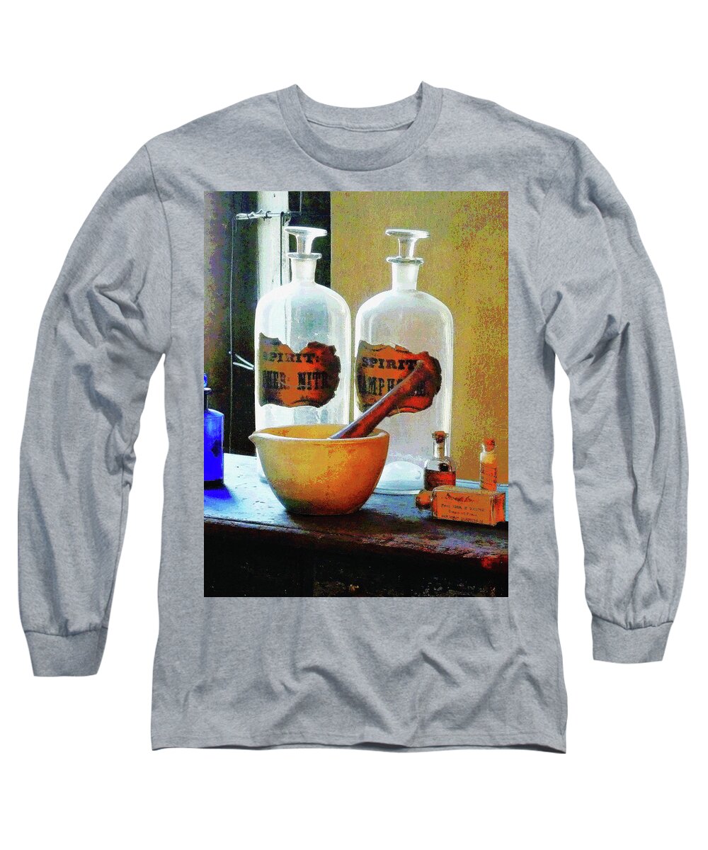 Druggist Long Sleeve T-Shirt featuring the photograph Pharmacist - Mortar and Pestle With Bottles by Susan Savad