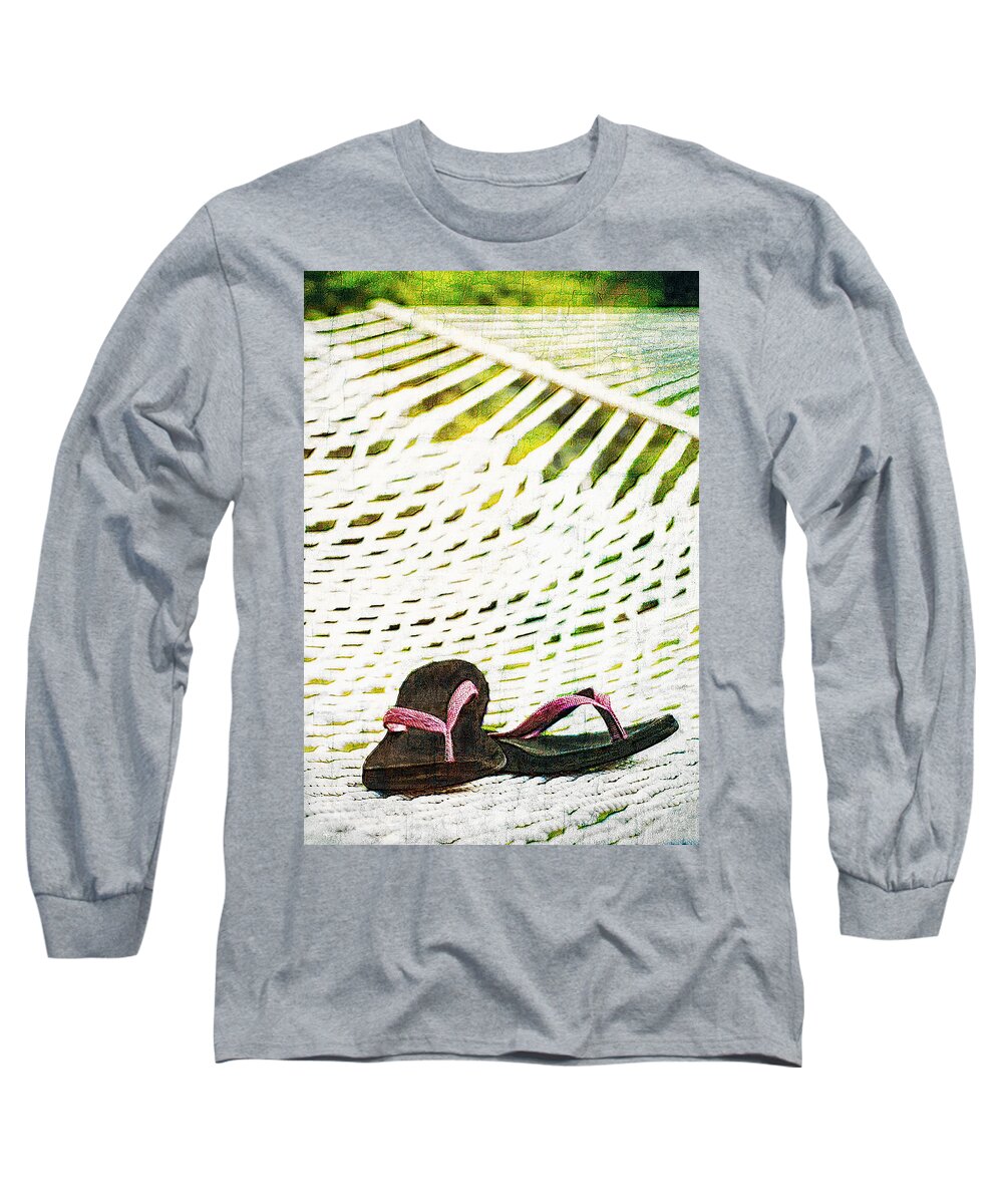 Flip Flops Long Sleeve T-Shirt featuring the digital art Pink flip flops on backyard rope hammock vintage scratched style by Marianne Campolongo
