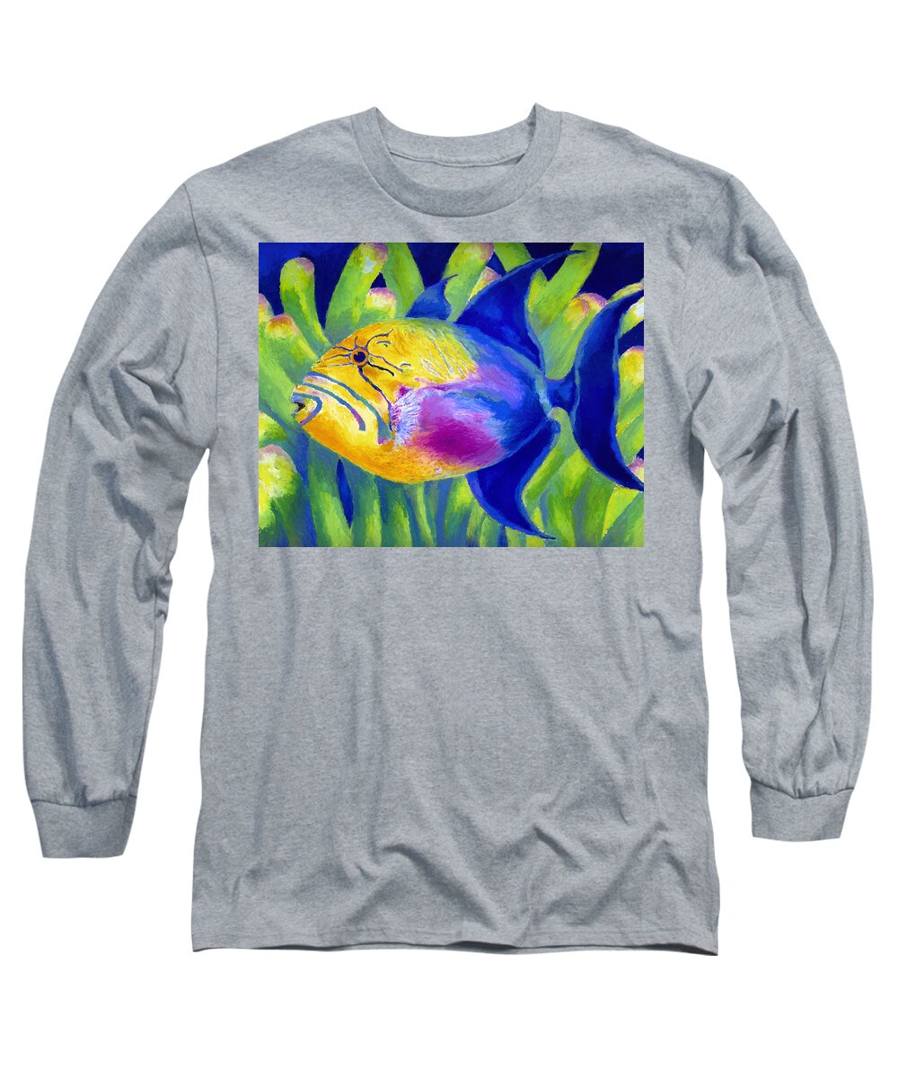 Underwater Long Sleeve T-Shirt featuring the painting Queen Triggerfish by Stephen Anderson