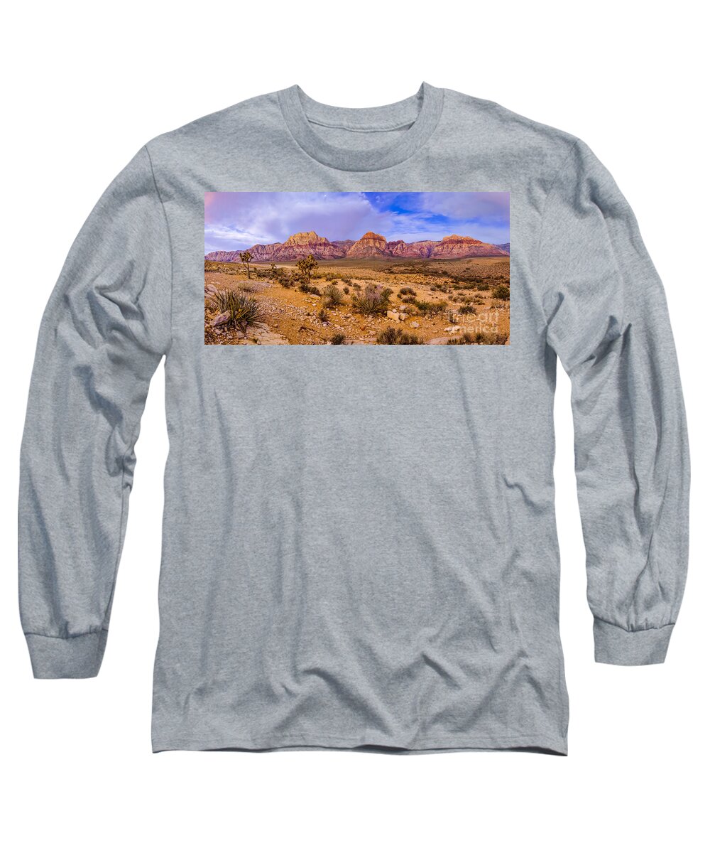 Red Rock Long Sleeve T-Shirt featuring the photograph Rainbow Wilderness Panorama at Red Rock Canyon before Sunrise - Las Vegas Nevada by Silvio Ligutti