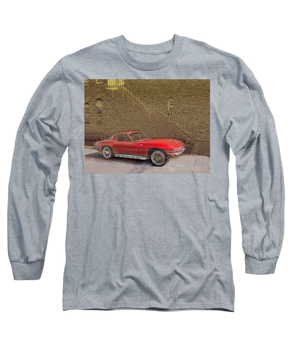 Cars Long Sleeve T-Shirt featuring the mixed media Red Corvette by Steve Karol
