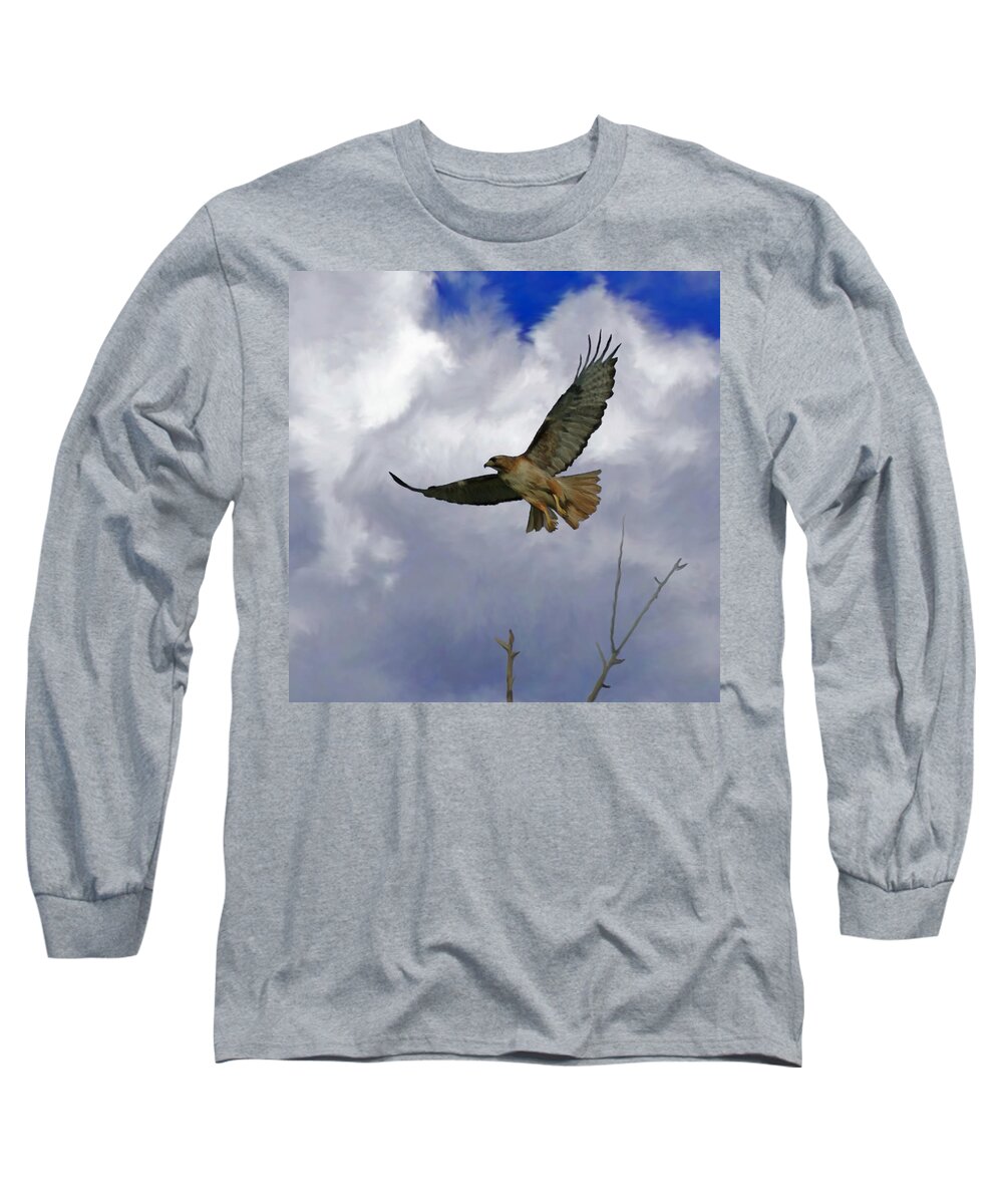 Birds Long Sleeve T-Shirt featuring the painting Red Tail Hawk Digital Freehand Painting 1 by Ernest Echols