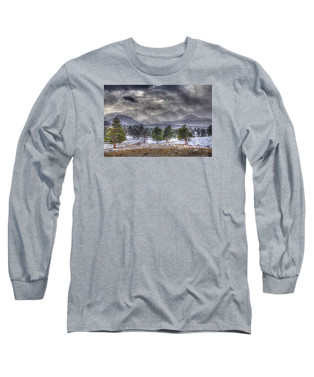 Rocky Mountain National Park Long Sleeve T-Shirt featuring the photograph Rocky Mountain Snow Storm Estes Park Colorado by Roger Passman