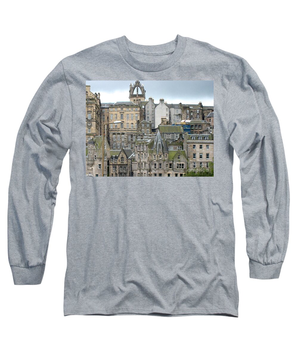 Scotland Edinburgh Rooftops Europe Architecture Green Rustic Aged City Long Sleeve T-Shirt featuring the photograph Roofs of Edinburgh by Suzanne Oesterling