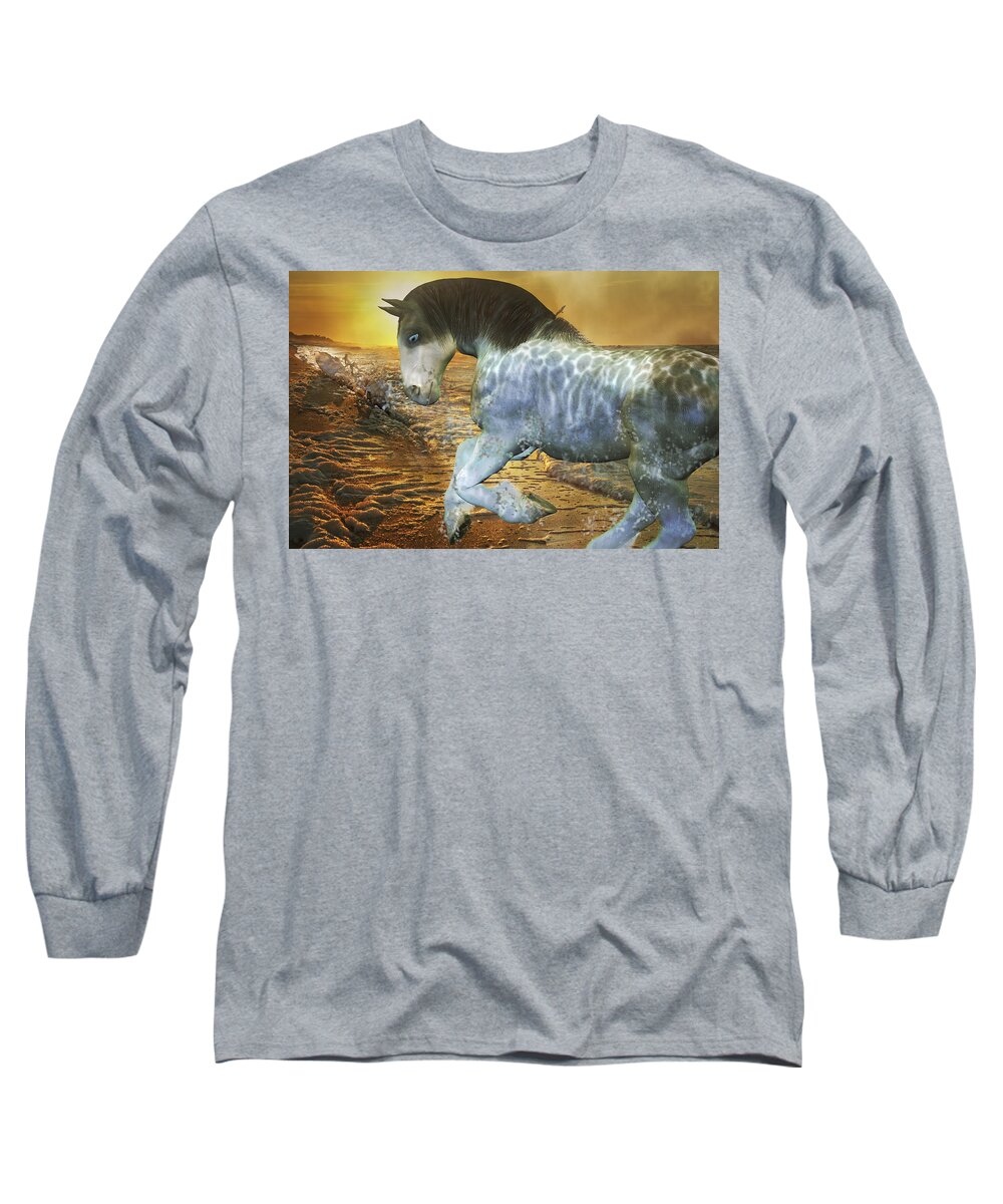 Beach Long Sleeve T-Shirt featuring the mixed media Run with Me Sunrise by Betsy Knapp