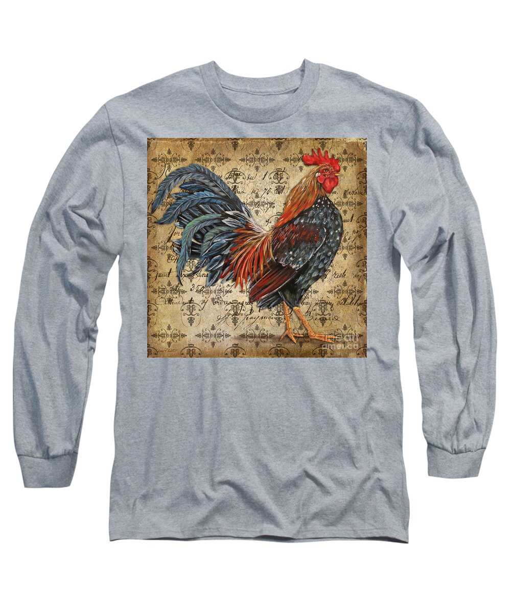 Acrylic Painting Long Sleeve T-Shirt featuring the painting Rustic Rooster-JP2122 by Jean Plout