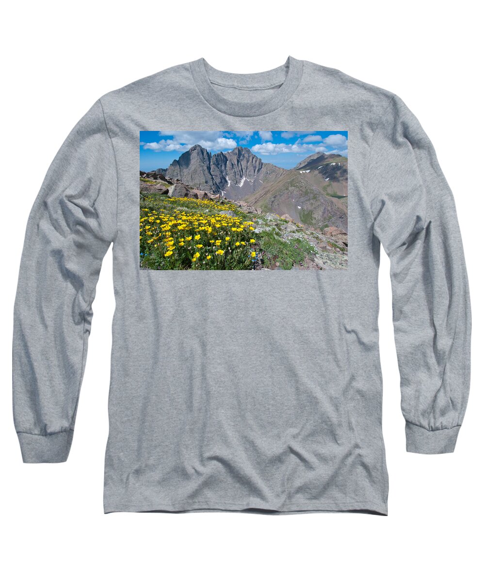 Colorado Long Sleeve T-Shirt featuring the photograph Sangre de Cristos Crestone Peak and Wildflowers by Cascade Colors