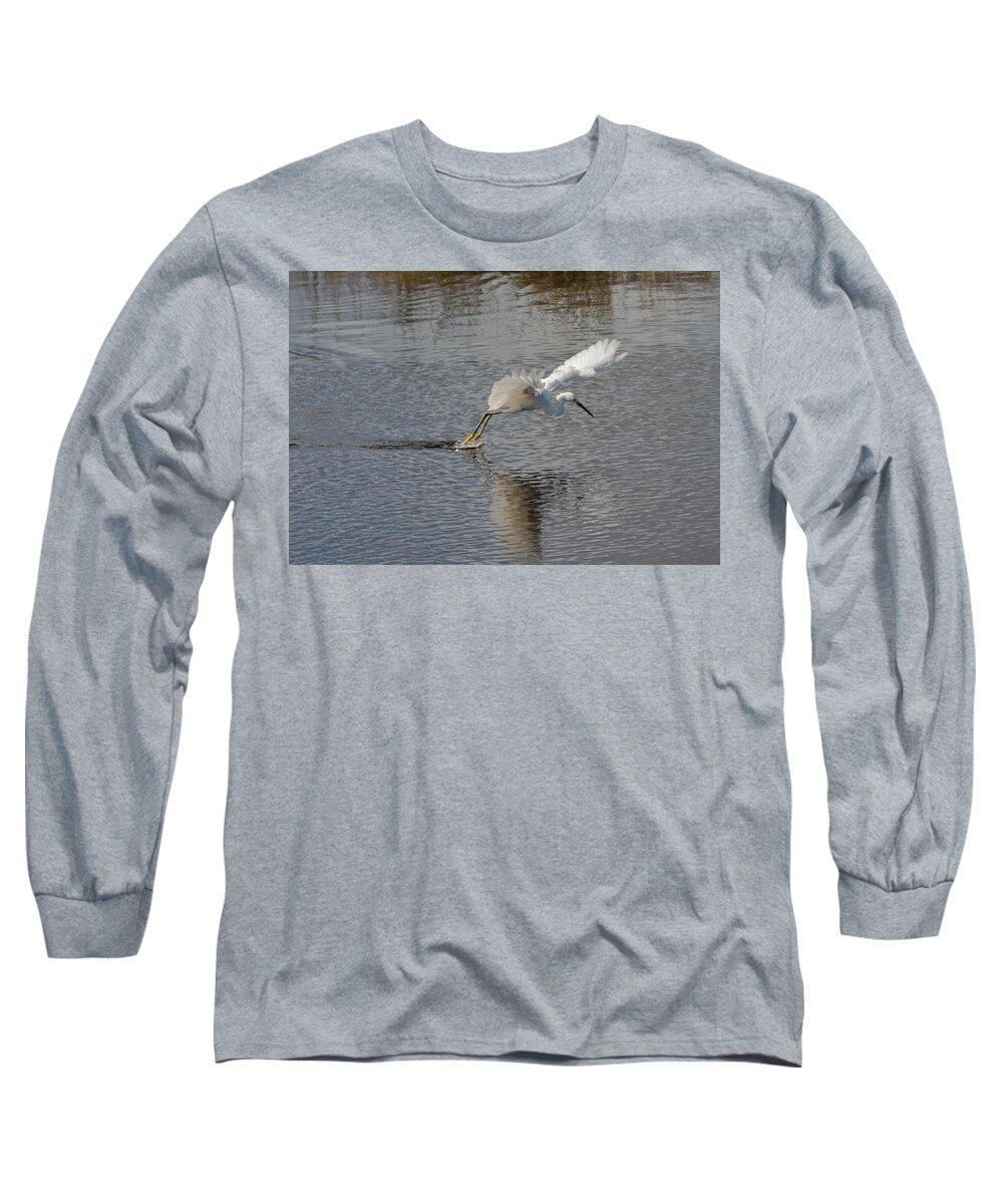 Nature Long Sleeve T-Shirt featuring the photograph Snowy Egret Wind Sailing by John M Bailey