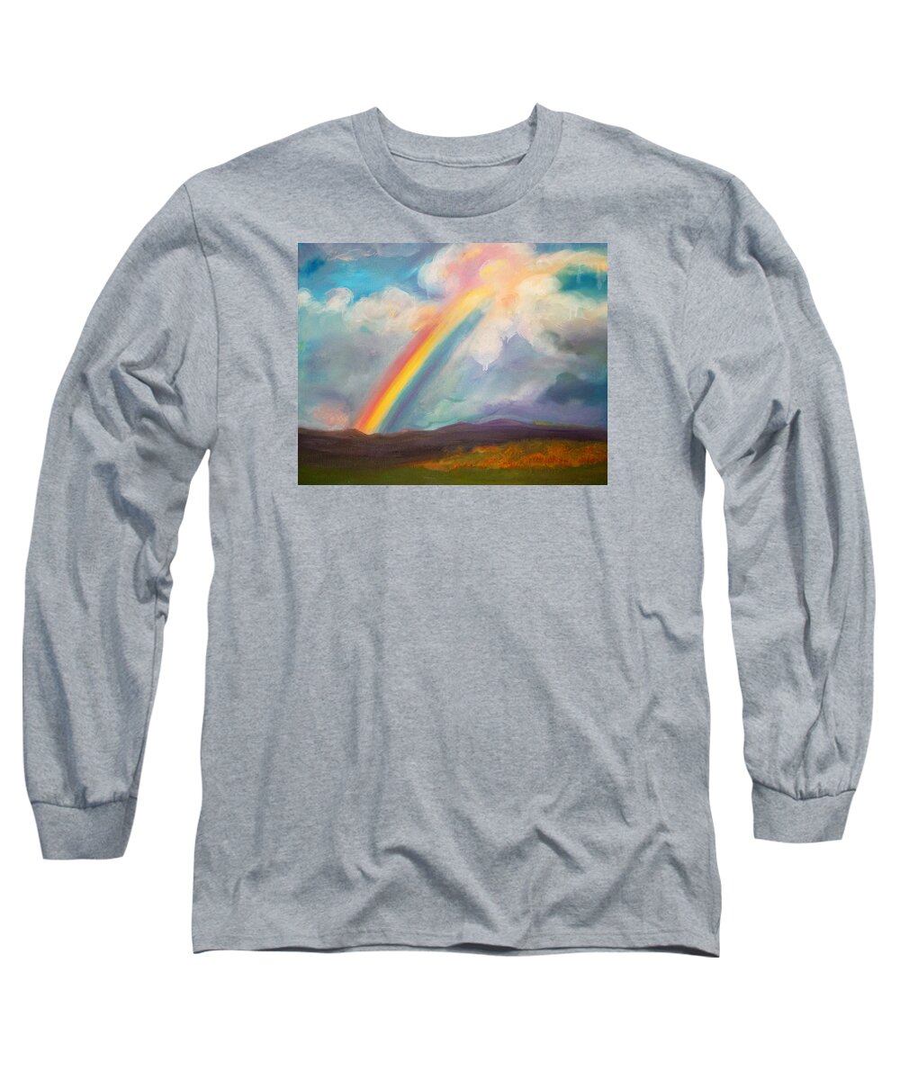 Rainbow Long Sleeve T-Shirt featuring the painting Somewhere over the rainbow by Anne Cameron Cutri