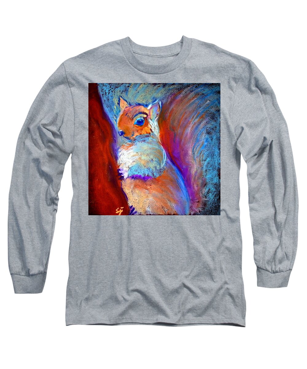 Squirrel Smiling Smile Fluffy Chipmunk Chipmunks Squirrels Funky Colorful Wildlife Unusual Fun Art Paintings Long Sleeve T-Shirt featuring the painting Squirrel by Sue Jacobi