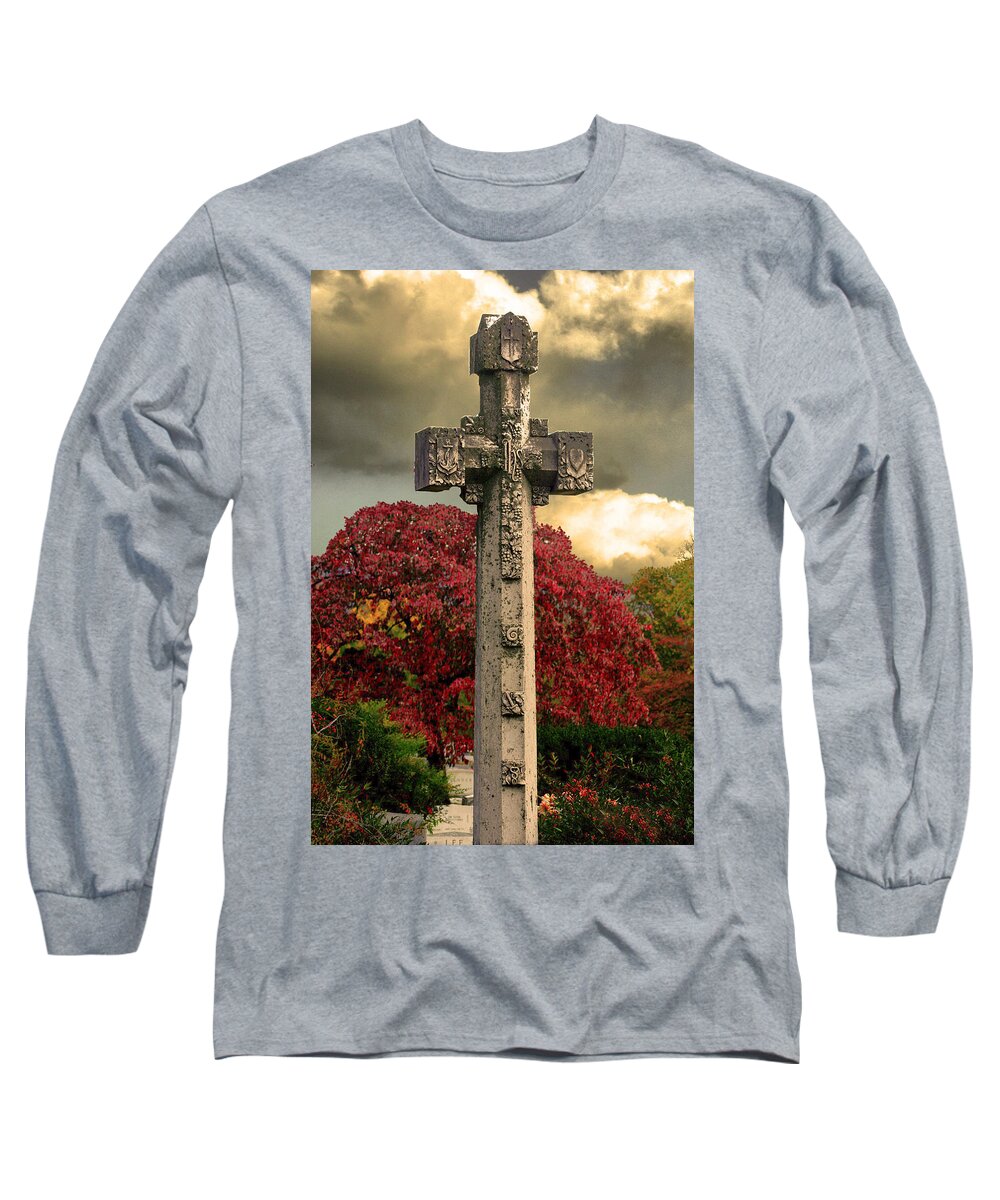 Cross Long Sleeve T-Shirt featuring the photograph Stone Cross in Fall Garden by Lesa Fine
