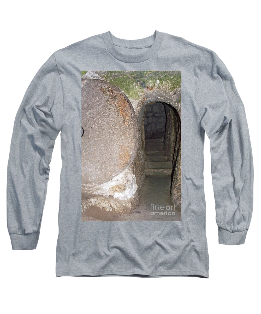 Derinkuyu Long Sleeve T-Shirt featuring the photograph Stone Door by Bob Phillips