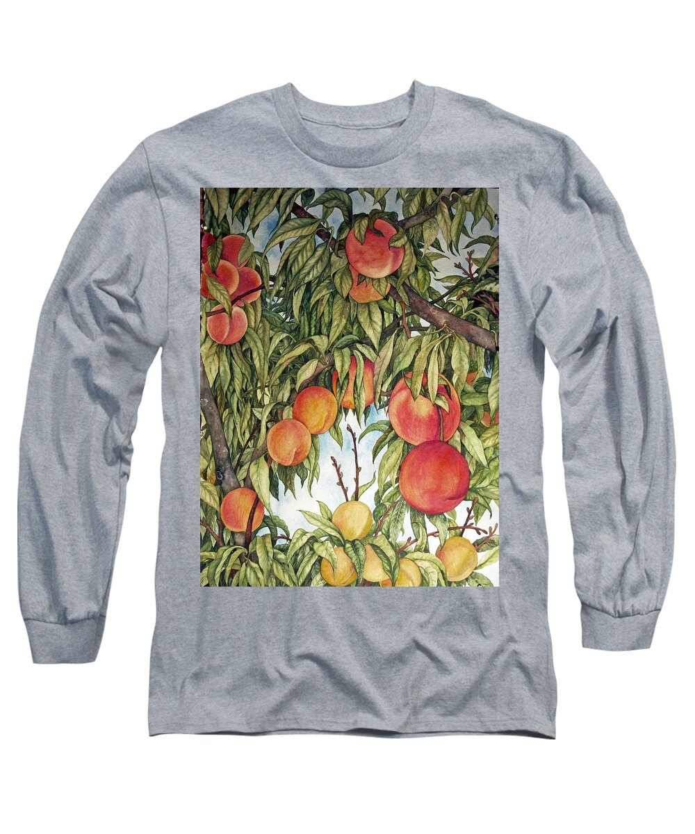 Peaches Long Sleeve T-Shirt featuring the painting Summer Peaches by Helen Klebesadel