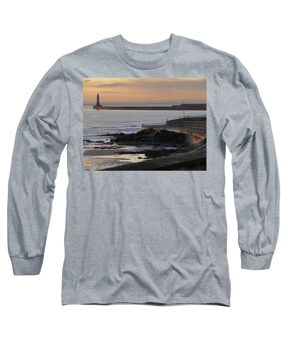 Sunrise On Roker Lighthouse In Sunderland Long Sleeve T-Shirt featuring the photograph Sunderland Sunrise by Julia Wilcox