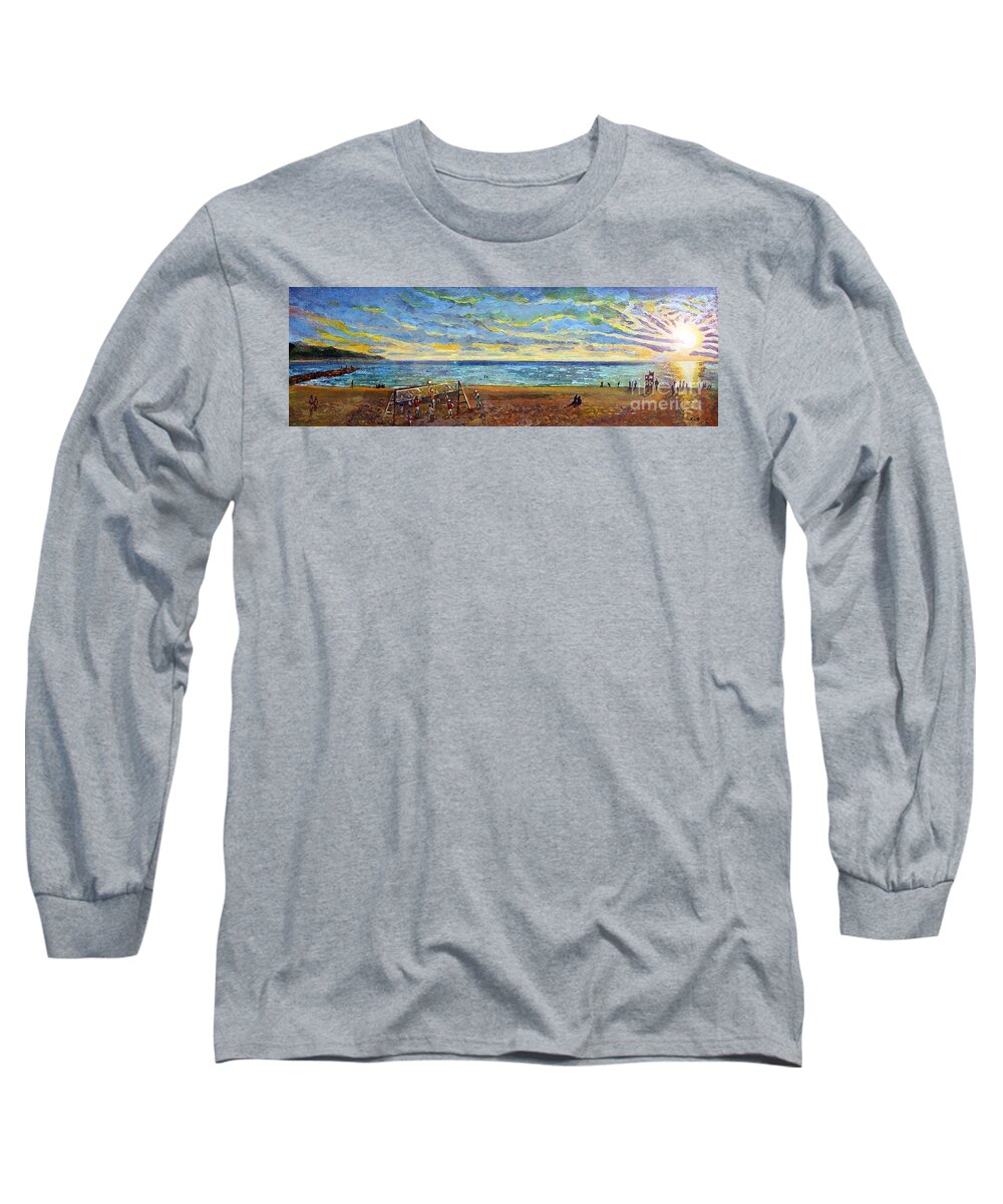 Old Silver Beach Long Sleeve T-Shirt featuring the painting Sunset Volleyball at Old Silver Beach by Rita Brown