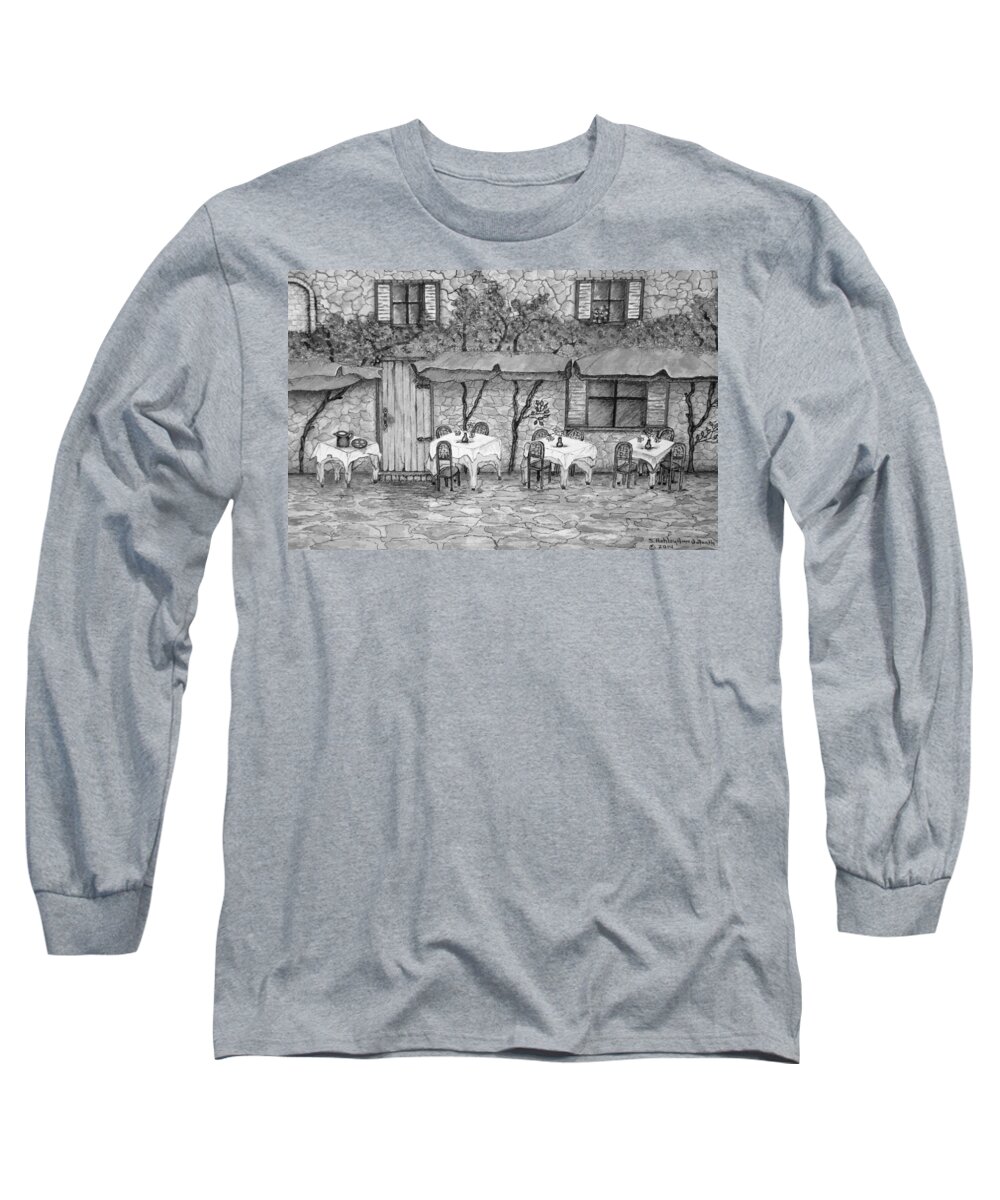 Tuscan Long Sleeve T-Shirt featuring the drawing Table for Three Black and White by Ashley Goforth