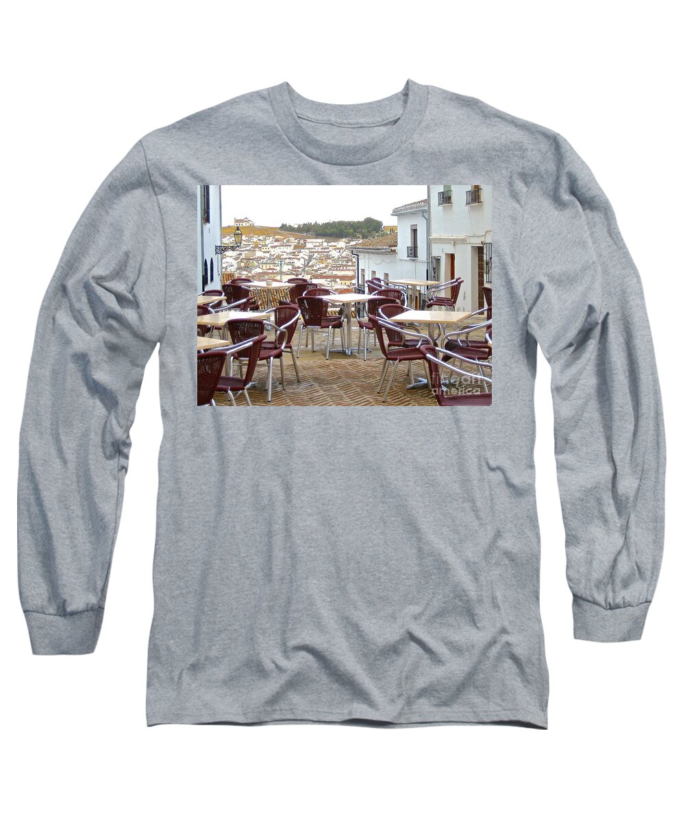Spain Andalucia Cafe Pueblos Blancos Long Sleeve T-Shirt featuring the photograph Tables in Waiting by Suzanne Oesterling