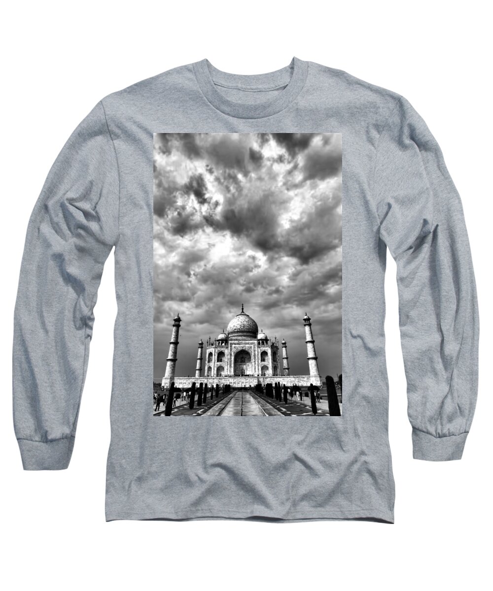 Taj Mahal Long Sleeve T-Shirt featuring the photograph Taj Mahal India In Black And White by Amanda Stadther