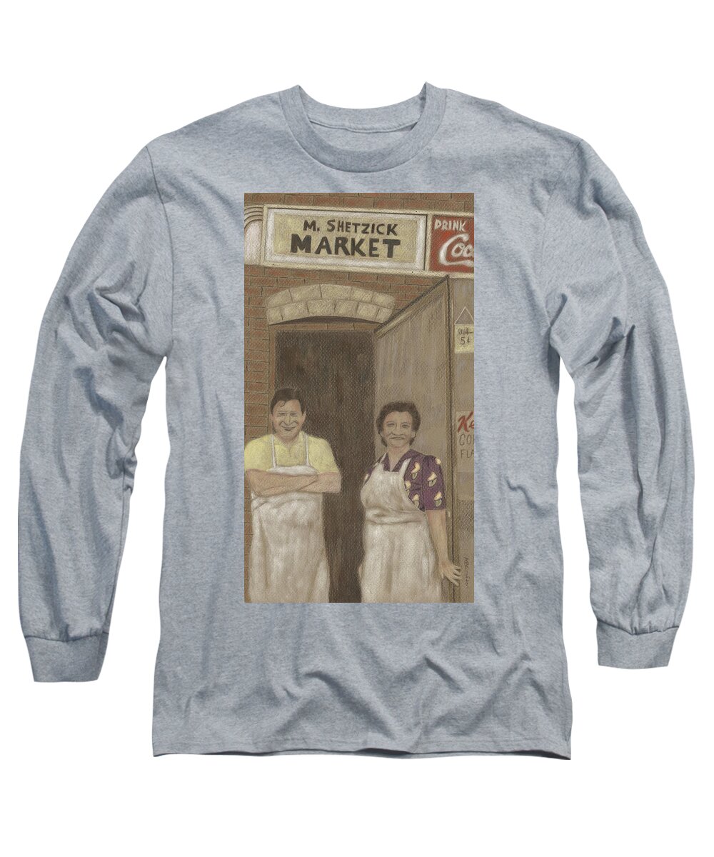 Market Long Sleeve T-Shirt featuring the drawing The Butcher and His Wife by Arlene Crafton