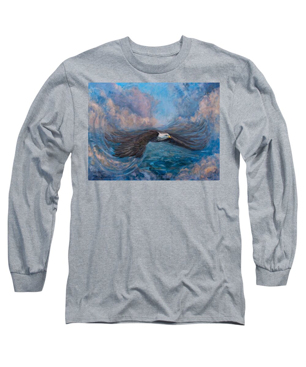 Eagle Fly Flight Cloud High America Long Sleeve T-Shirt featuring the painting The dynamic of flight by Marco Busoni