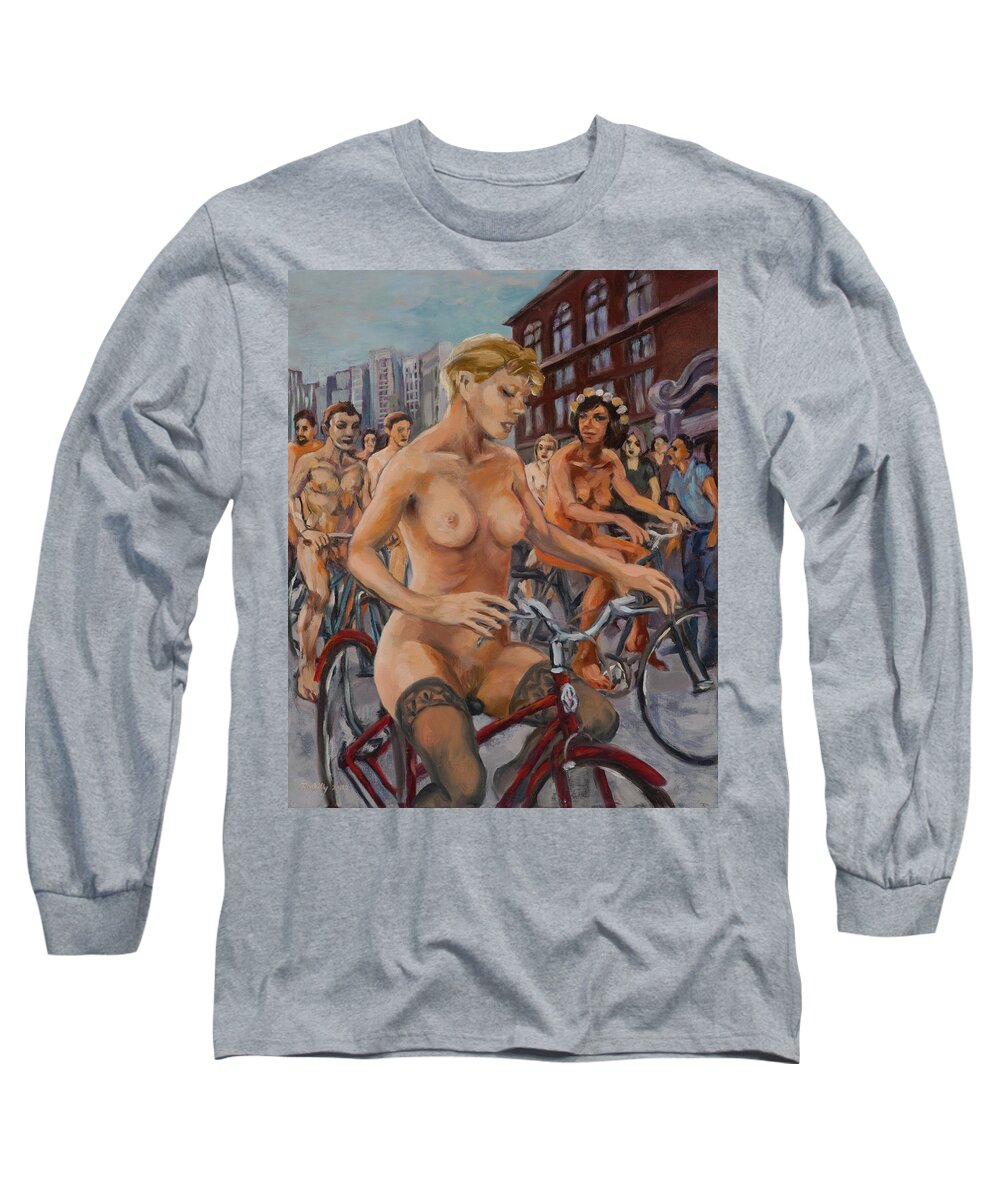 Girl Long Sleeve T-Shirt featuring the painting Bridget with naked riders in suburban street. by Peregrine Roskilly
