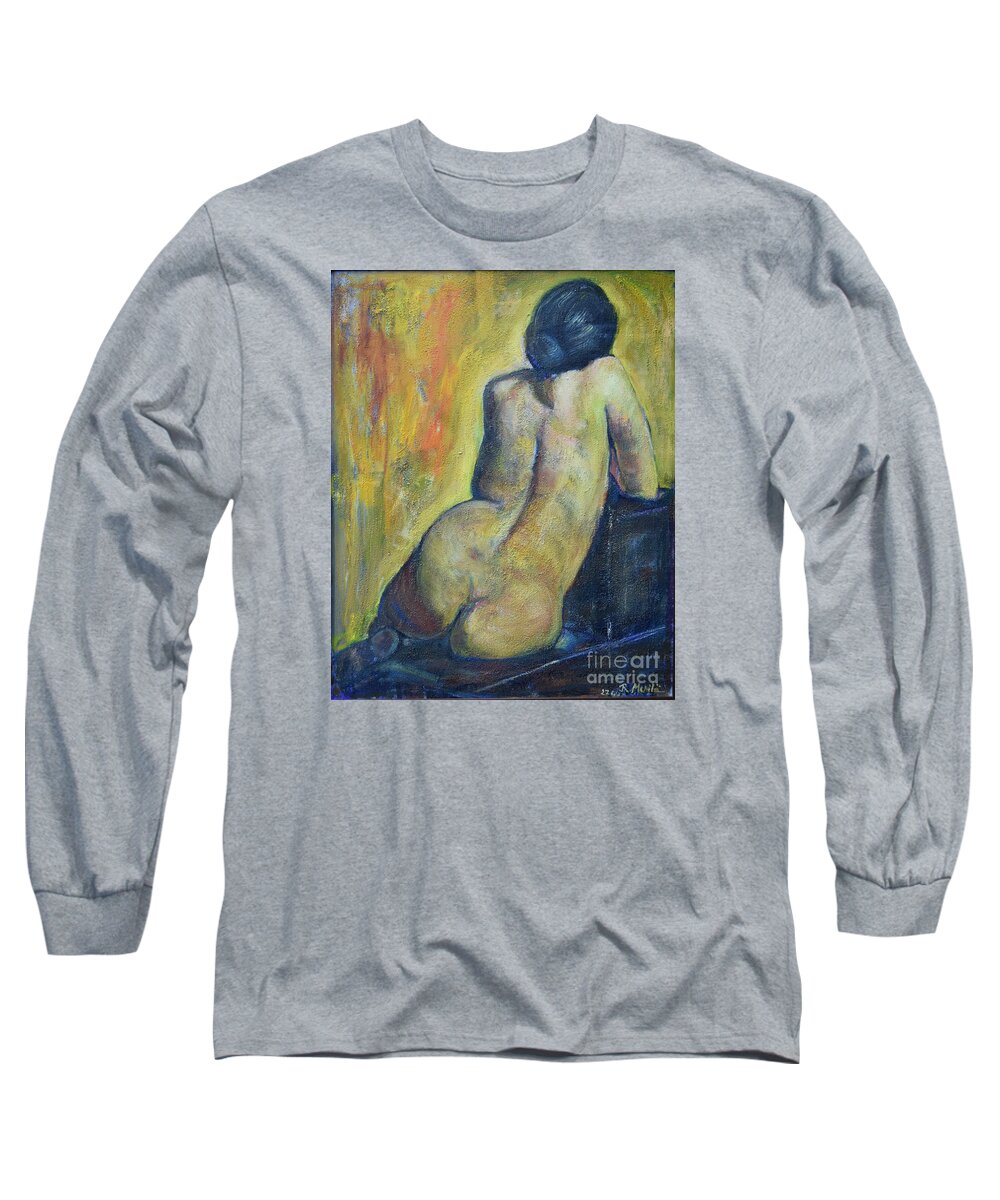 Woman Long Sleeve T-Shirt featuring the painting Tiina - Back of Nude Woman by Raija Merila
