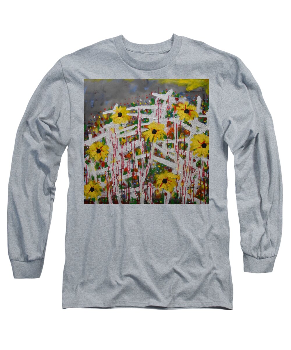 Abstract Long Sleeve T-Shirt featuring the painting Trellis Fall Flower Garden by GH FiLben