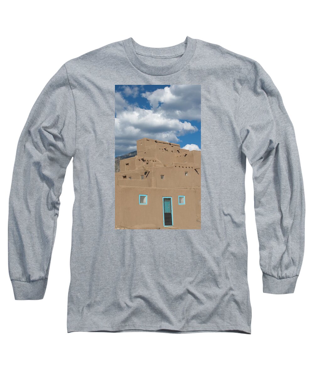 Taos Pueblo Long Sleeve T-Shirt featuring the photograph Turquoise door and windows by Elvira Butler