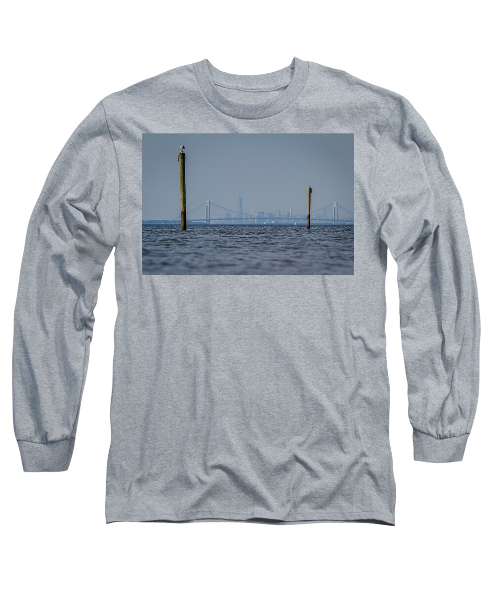 Bayshore Waterfront Long Sleeve T-Shirt featuring the photograph Verrazano-Narrows bridge and NYC skyline from Port Monmouth by SAURAVphoto Online Store