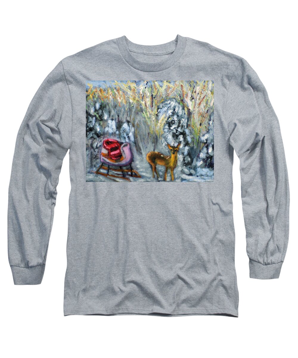 Winter Snow Christmas Sleigh Deer Reindeer Woods Woodland Brush Forest Santa Clause Saint Nick Saint Nicholas Long Sleeve T-Shirt featuring the painting Who Me?? by Michael Daniels