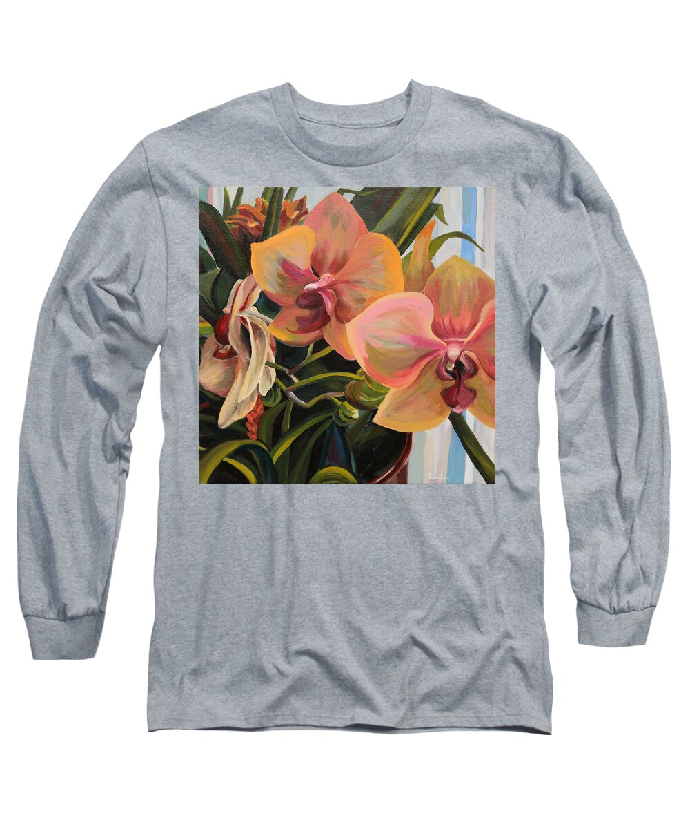 Orchid Long Sleeve T-Shirt featuring the painting Windowsill Orchids by Trina Teele