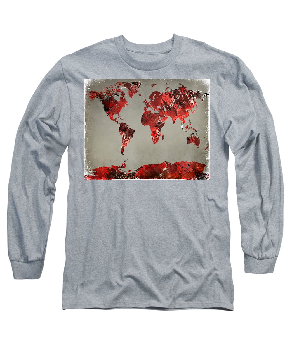 Popular Long Sleeve T-Shirt featuring the digital art World Map - watercolor red-black-gray by Paulette B Wright