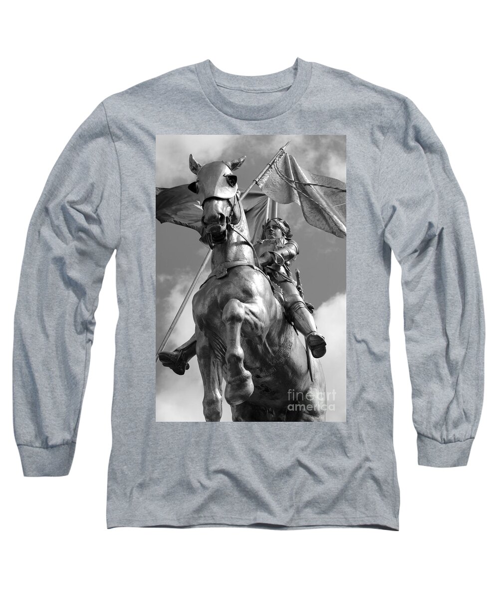Travelpixpro New Orleans Long Sleeve T-Shirt featuring the photograph Joan of Arc Statue French Quarter New Orleans Black and White #1 by Shawn O'Brien