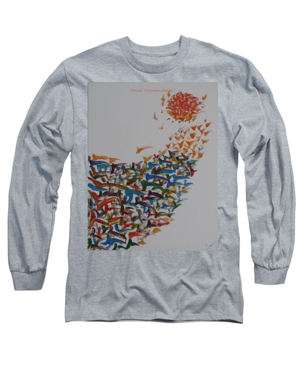 Birds Aiming At The Sun Long Sleeve T-Shirt featuring the painting Fleet of birds by Sonali Gangane