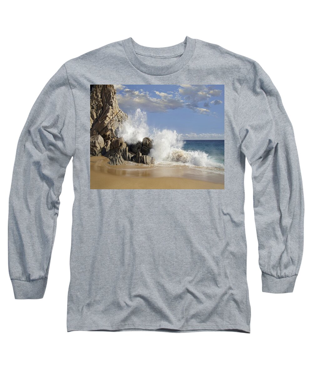 00441443 Long Sleeve T-Shirt featuring the photograph Lovers Beach With Crashing Waves Cabo by Tim Fitzharris