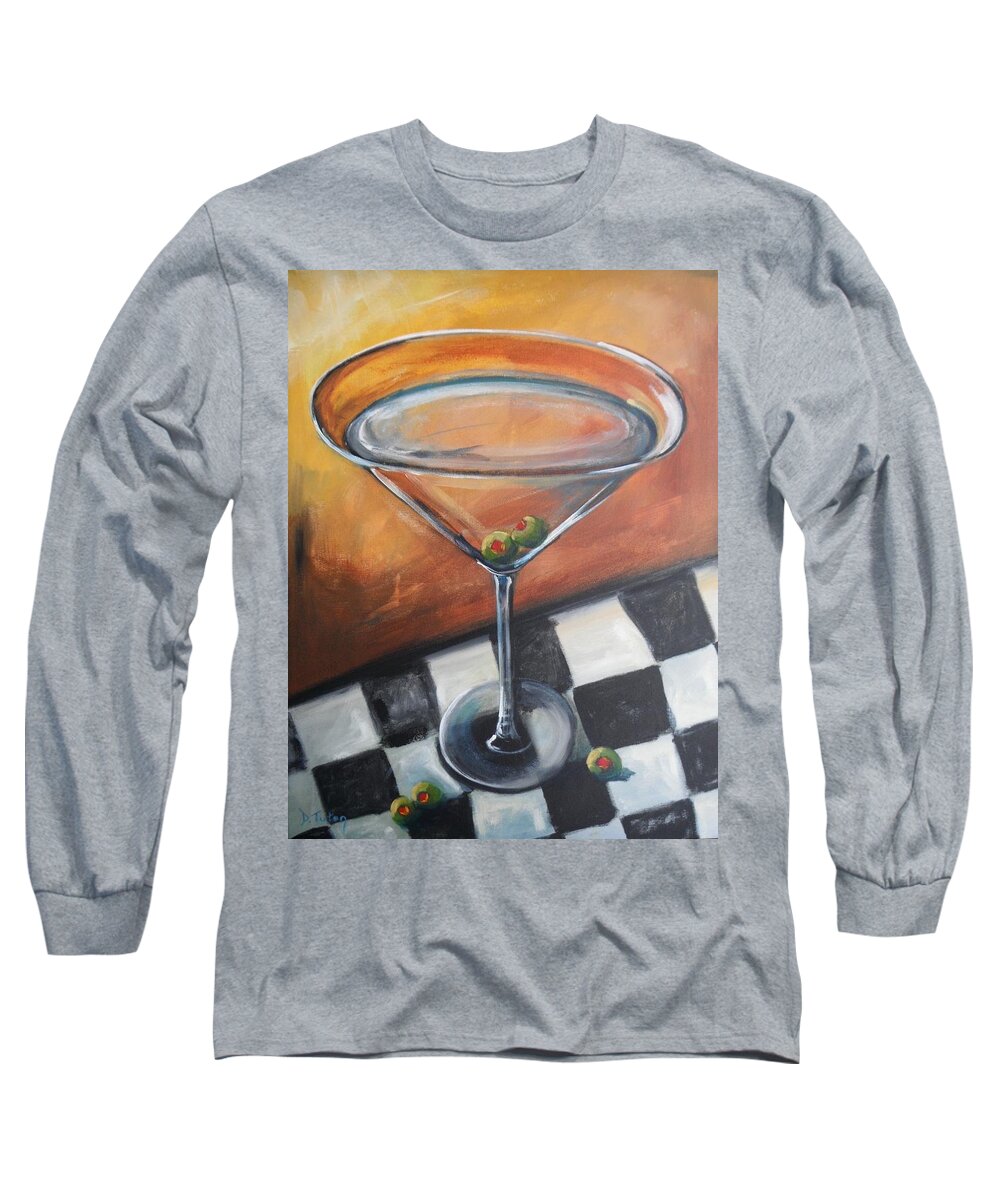 Marrtini Long Sleeve T-Shirt featuring the painting Martini on Checkered Tablecloth by Donna Tuten