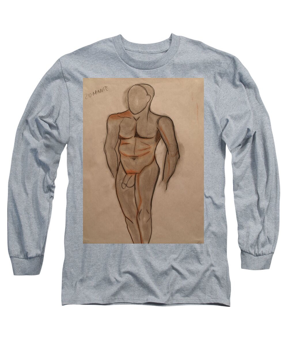 Male Long Sleeve T-Shirt featuring the drawing Nude Male Drawing by Teri Schuster