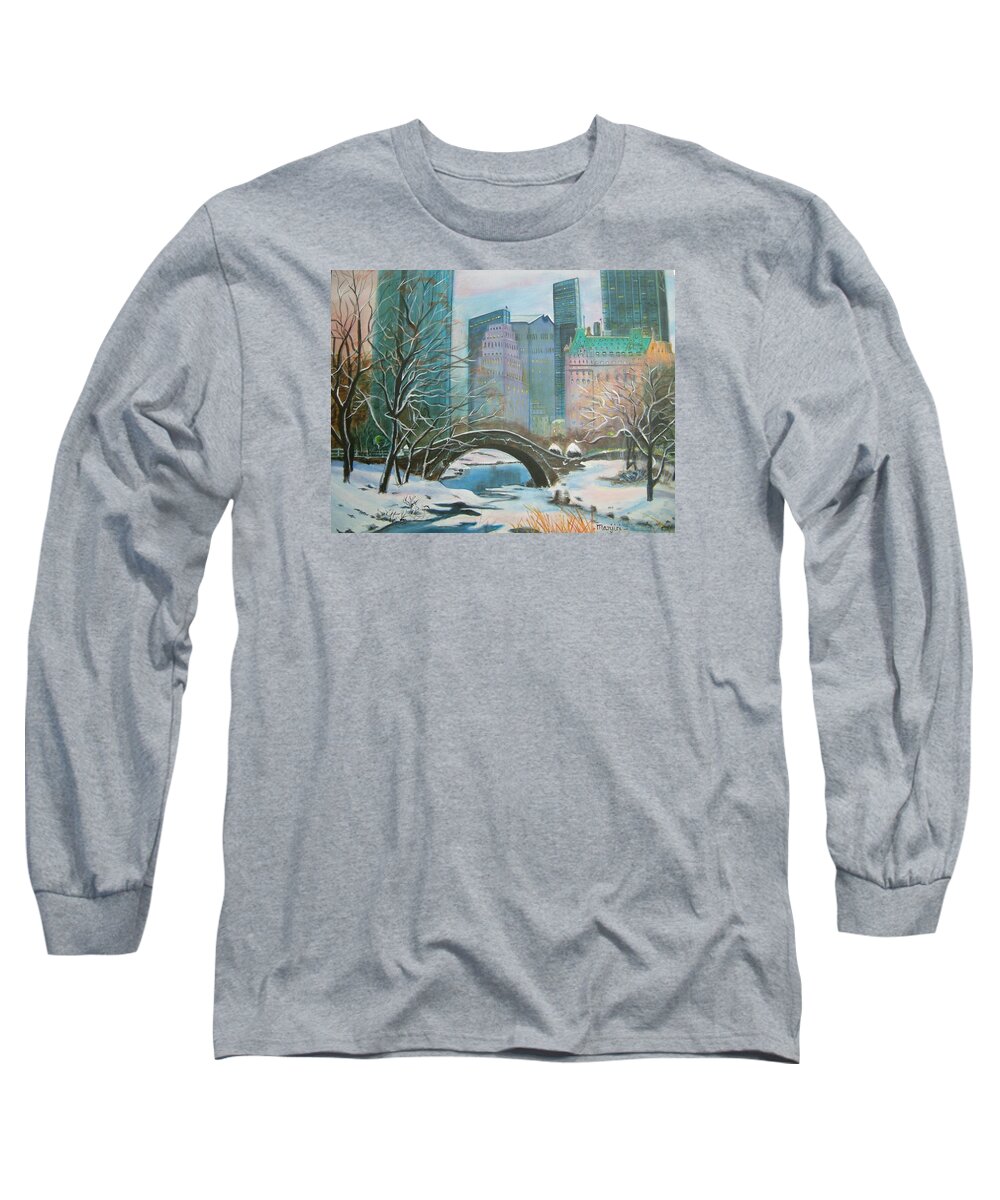 Winter Long Sleeve T-Shirt featuring the painting Winter in New York by Manjiri Kanvinde